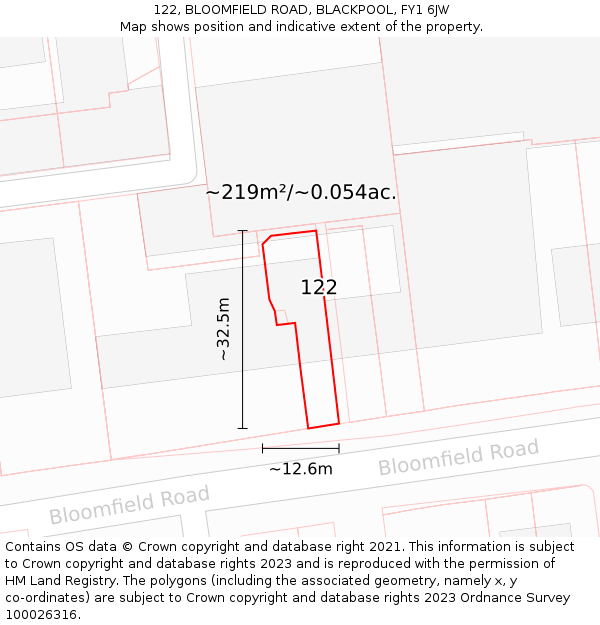 122, BLOOMFIELD ROAD, BLACKPOOL, FY1 6JW: Plot and title map