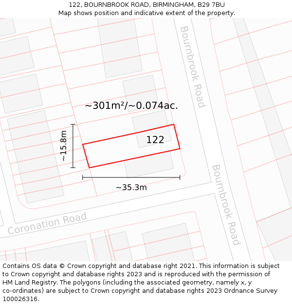 122, BOURNBROOK ROAD, BIRMINGHAM, B29 7BU: Plot and title map