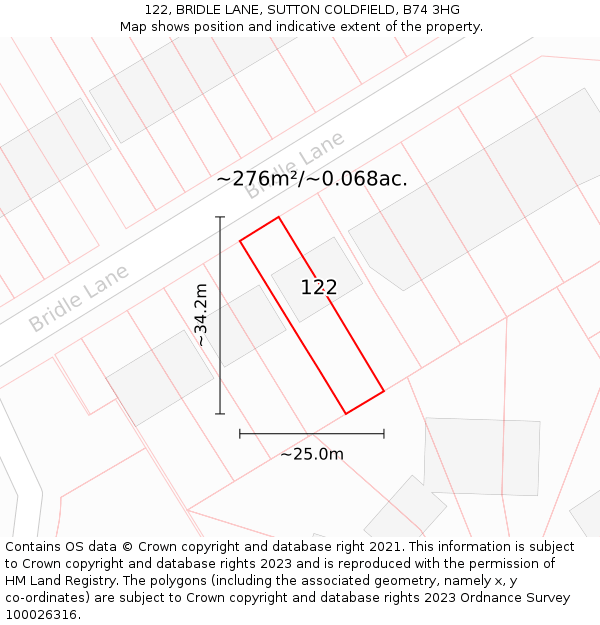 122, BRIDLE LANE, SUTTON COLDFIELD, B74 3HG: Plot and title map