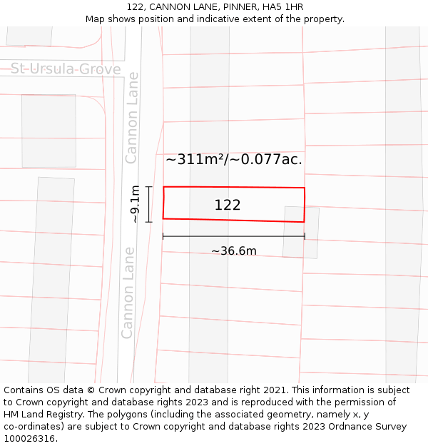 122, CANNON LANE, PINNER, HA5 1HR: Plot and title map