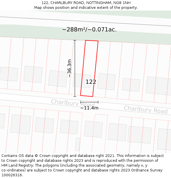 122, CHARLBURY ROAD, NOTTINGHAM, NG8 1NH: Plot and title map