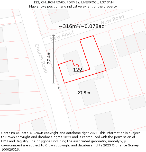 122, CHURCH ROAD, FORMBY, LIVERPOOL, L37 3NH: Plot and title map