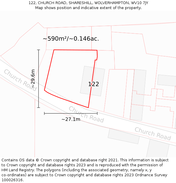 122, CHURCH ROAD, SHARESHILL, WOLVERHAMPTON, WV10 7JY: Plot and title map