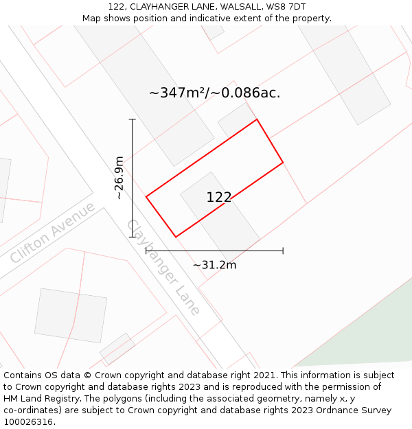 122, CLAYHANGER LANE, WALSALL, WS8 7DT: Plot and title map