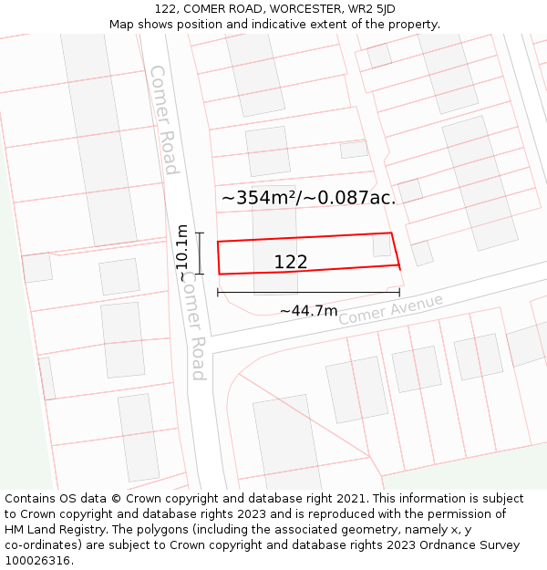 122, COMER ROAD, WORCESTER, WR2 5JD: Plot and title map