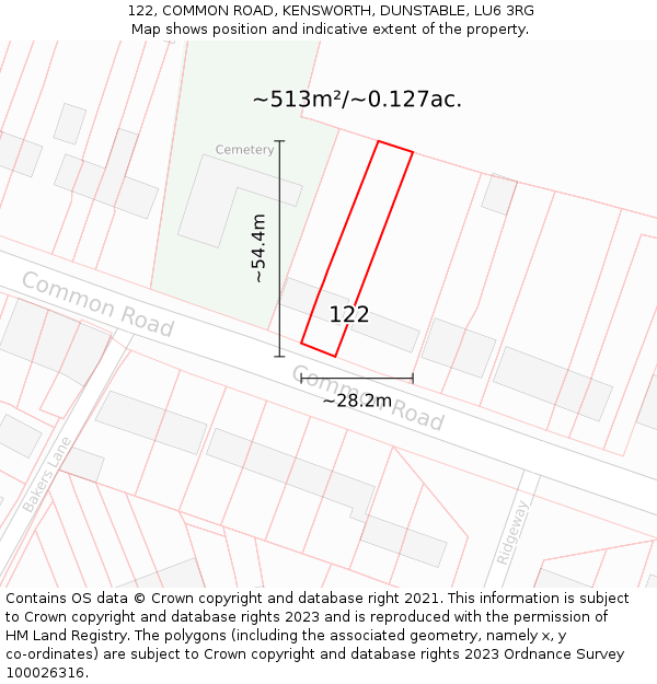 122, COMMON ROAD, KENSWORTH, DUNSTABLE, LU6 3RG: Plot and title map