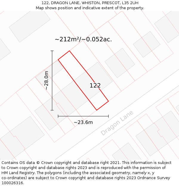 122, DRAGON LANE, WHISTON, PRESCOT, L35 2UH: Plot and title map