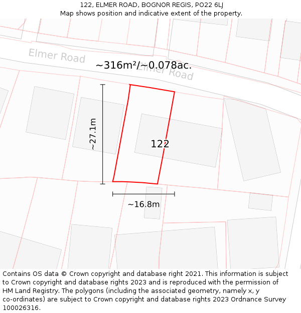 122, ELMER ROAD, BOGNOR REGIS, PO22 6LJ: Plot and title map