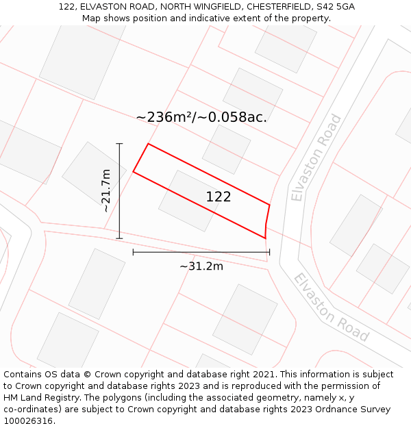 122, ELVASTON ROAD, NORTH WINGFIELD, CHESTERFIELD, S42 5GA: Plot and title map