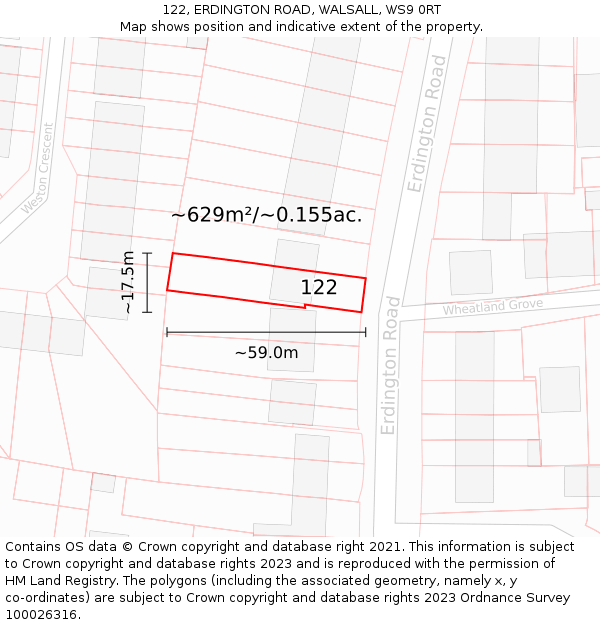 122, ERDINGTON ROAD, WALSALL, WS9 0RT: Plot and title map