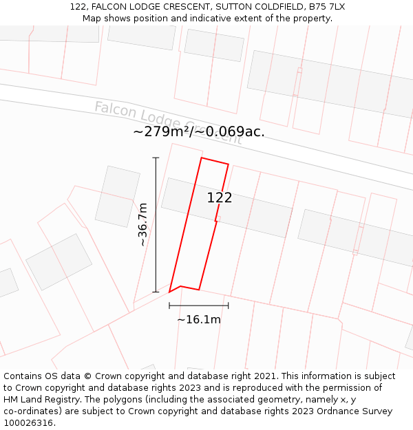 122, FALCON LODGE CRESCENT, SUTTON COLDFIELD, B75 7LX: Plot and title map