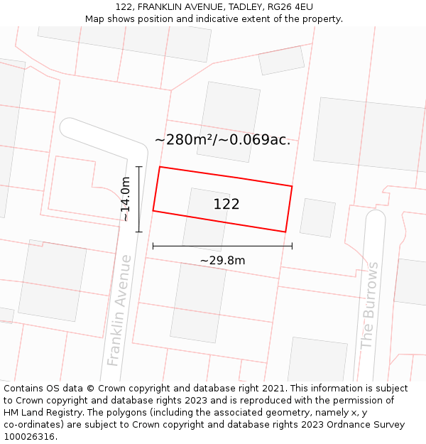 122, FRANKLIN AVENUE, TADLEY, RG26 4EU: Plot and title map