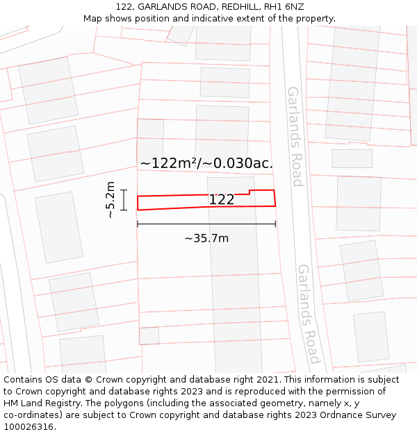 122, GARLANDS ROAD, REDHILL, RH1 6NZ: Plot and title map