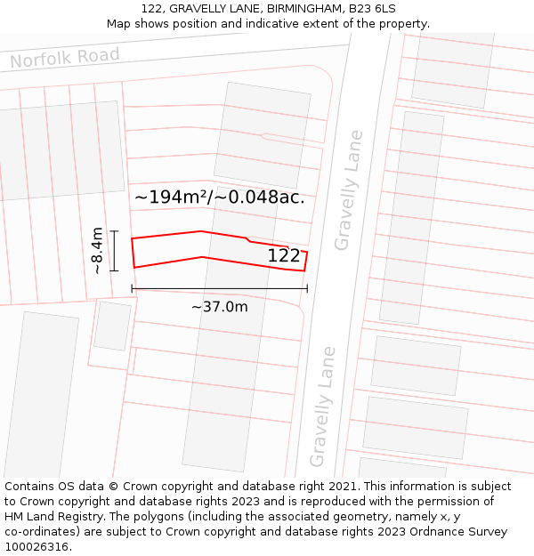 122, GRAVELLY LANE, BIRMINGHAM, B23 6LS: Plot and title map