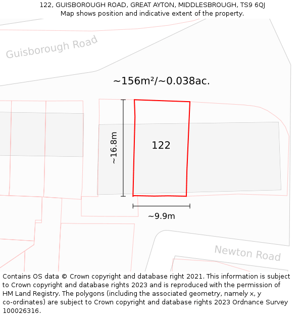 122, GUISBOROUGH ROAD, GREAT AYTON, MIDDLESBROUGH, TS9 6QJ: Plot and title map