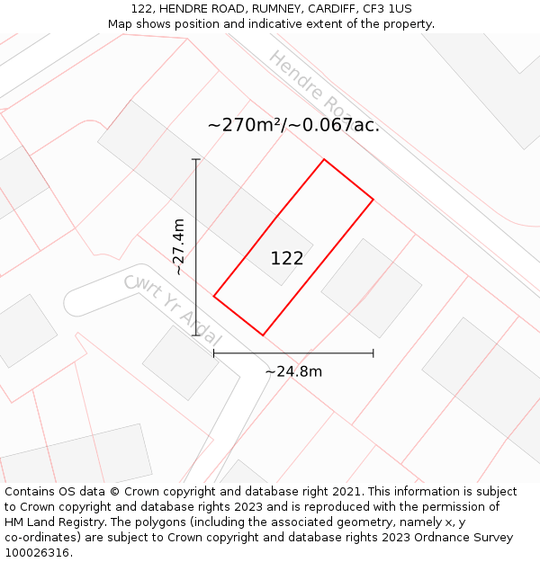 122, HENDRE ROAD, RUMNEY, CARDIFF, CF3 1US: Plot and title map