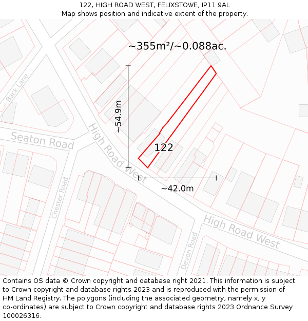 122, HIGH ROAD WEST, FELIXSTOWE, IP11 9AL: Plot and title map