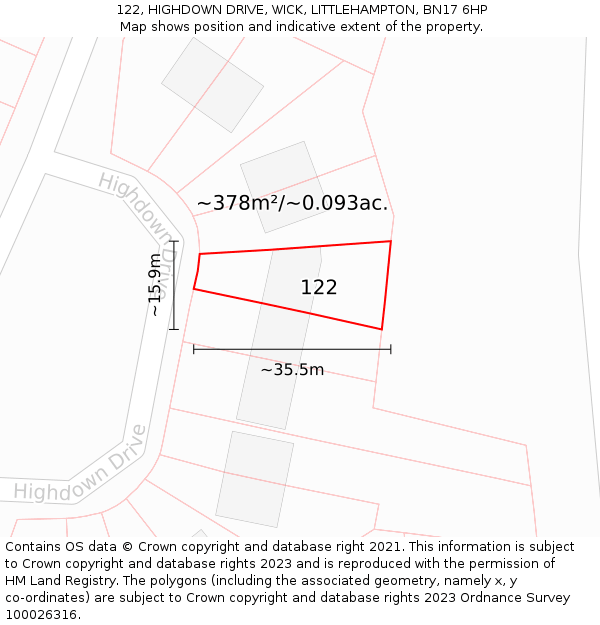 122, HIGHDOWN DRIVE, WICK, LITTLEHAMPTON, BN17 6HP: Plot and title map