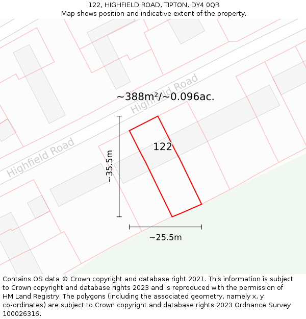 122, HIGHFIELD ROAD, TIPTON, DY4 0QR: Plot and title map