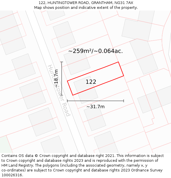 122, HUNTINGTOWER ROAD, GRANTHAM, NG31 7AX: Plot and title map