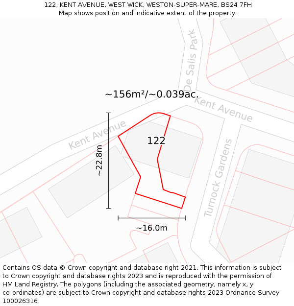 122, KENT AVENUE, WEST WICK, WESTON-SUPER-MARE, BS24 7FH: Plot and title map