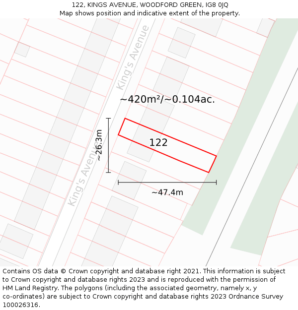 122, KINGS AVENUE, WOODFORD GREEN, IG8 0JQ: Plot and title map