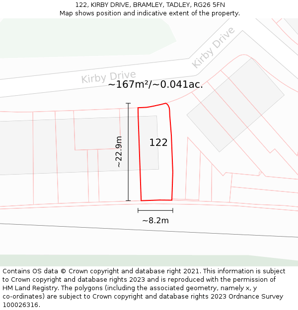 122, KIRBY DRIVE, BRAMLEY, TADLEY, RG26 5FN: Plot and title map