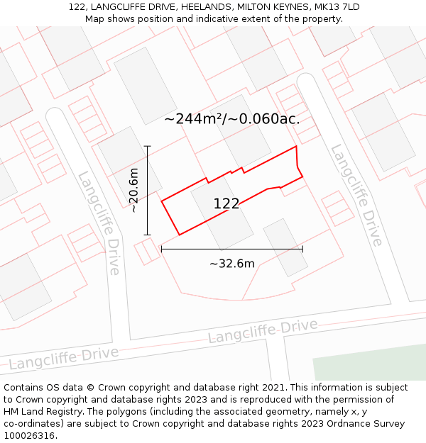 122, LANGCLIFFE DRIVE, HEELANDS, MILTON KEYNES, MK13 7LD: Plot and title map