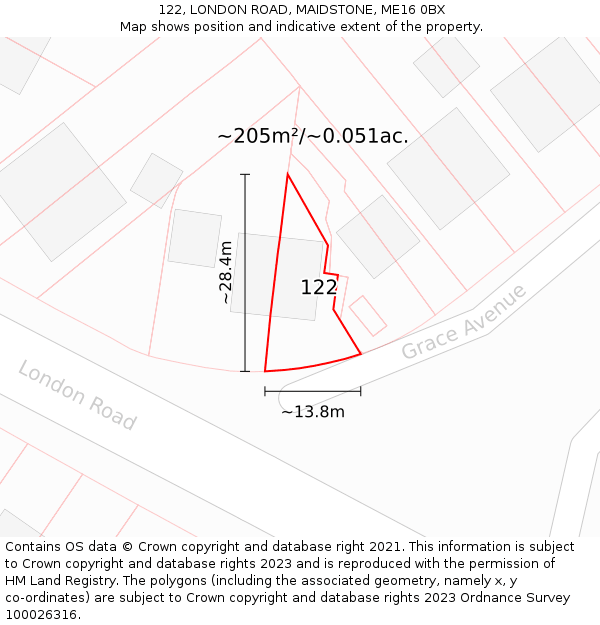 122, LONDON ROAD, MAIDSTONE, ME16 0BX: Plot and title map