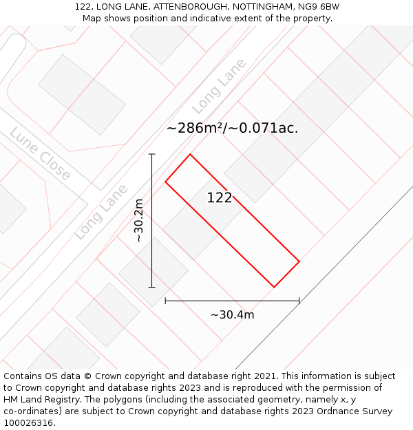 122, LONG LANE, ATTENBOROUGH, NOTTINGHAM, NG9 6BW: Plot and title map