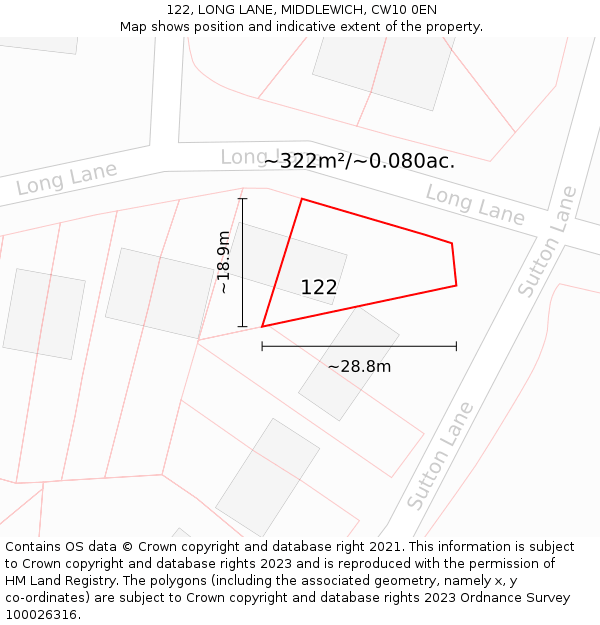 122, LONG LANE, MIDDLEWICH, CW10 0EN: Plot and title map