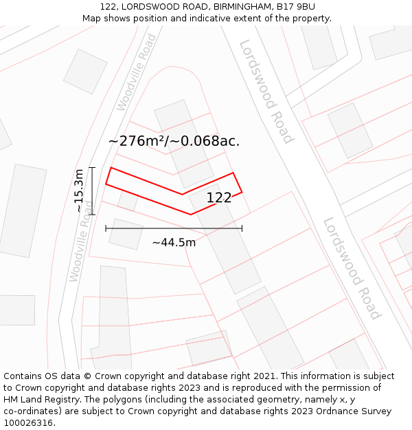 122, LORDSWOOD ROAD, BIRMINGHAM, B17 9BU: Plot and title map