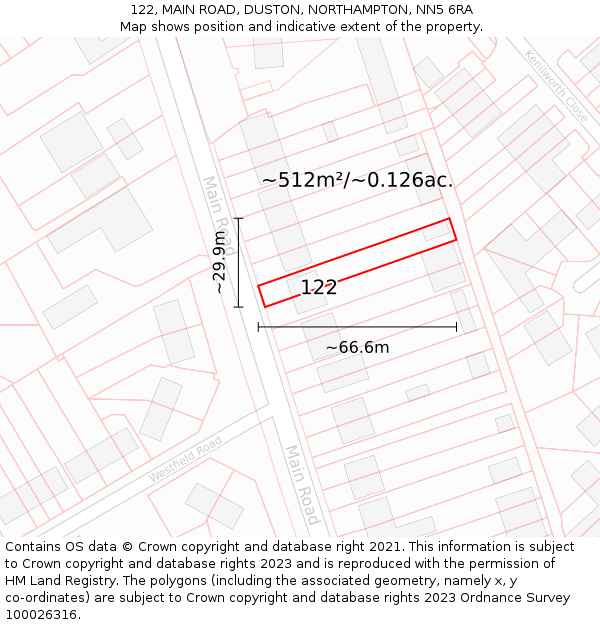 122, MAIN ROAD, DUSTON, NORTHAMPTON, NN5 6RA: Plot and title map