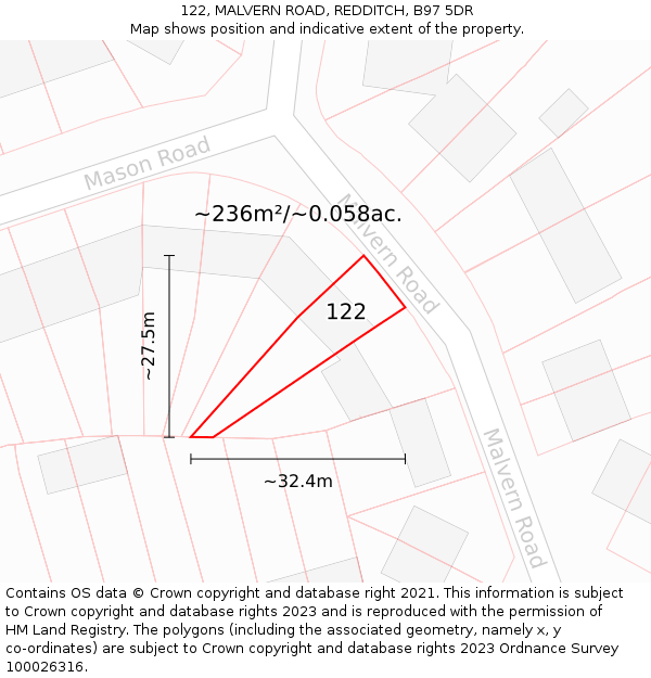 122, MALVERN ROAD, REDDITCH, B97 5DR: Plot and title map