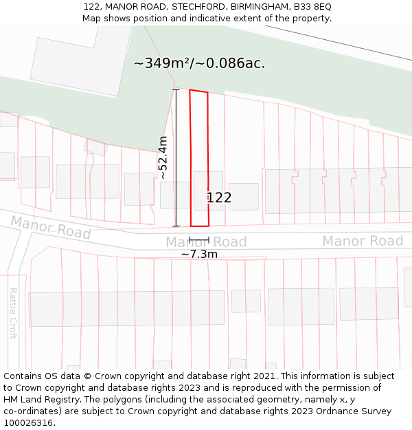 122, MANOR ROAD, STECHFORD, BIRMINGHAM, B33 8EQ: Plot and title map