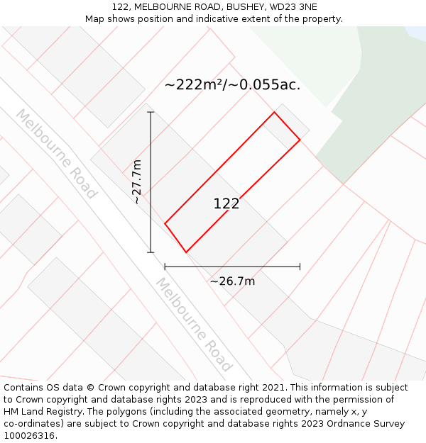 122, MELBOURNE ROAD, BUSHEY, WD23 3NE: Plot and title map