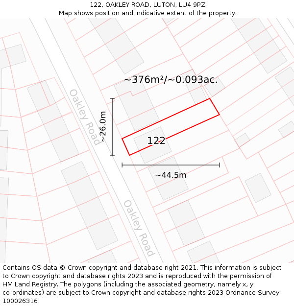 122, OAKLEY ROAD, LUTON, LU4 9PZ: Plot and title map