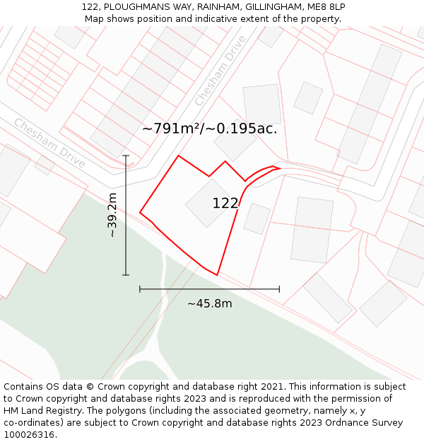 122, PLOUGHMANS WAY, RAINHAM, GILLINGHAM, ME8 8LP: Plot and title map