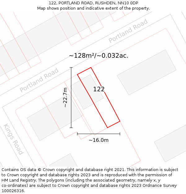 122, PORTLAND ROAD, RUSHDEN, NN10 0DP: Plot and title map