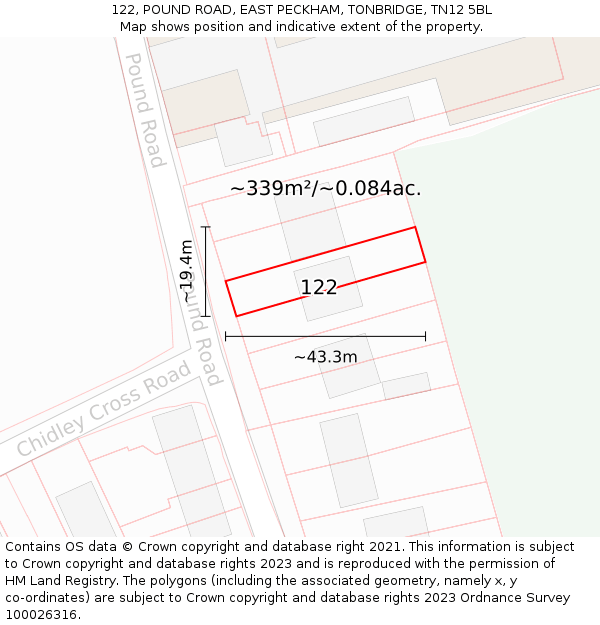 122, POUND ROAD, EAST PECKHAM, TONBRIDGE, TN12 5BL: Plot and title map