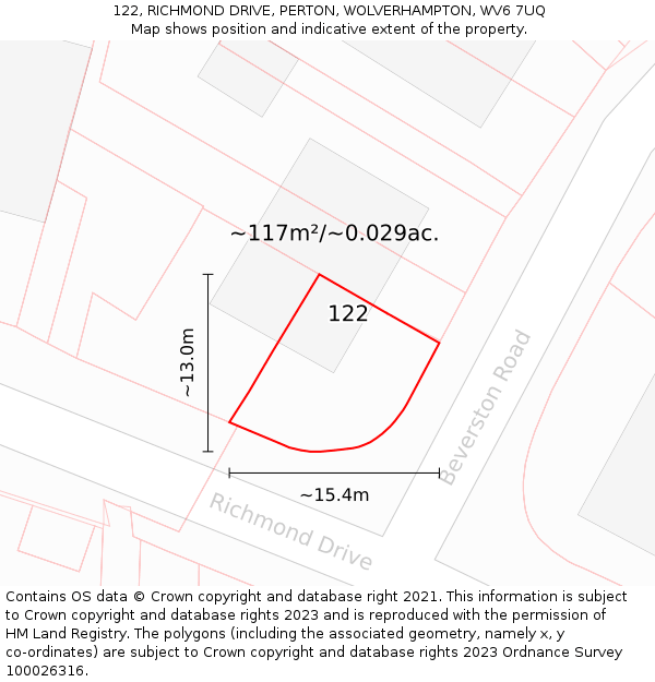 122, RICHMOND DRIVE, PERTON, WOLVERHAMPTON, WV6 7UQ: Plot and title map