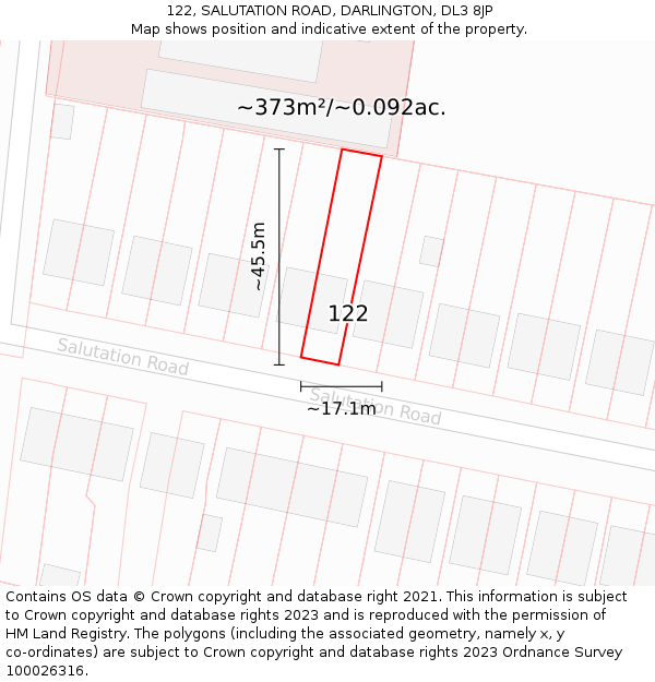 122, SALUTATION ROAD, DARLINGTON, DL3 8JP: Plot and title map