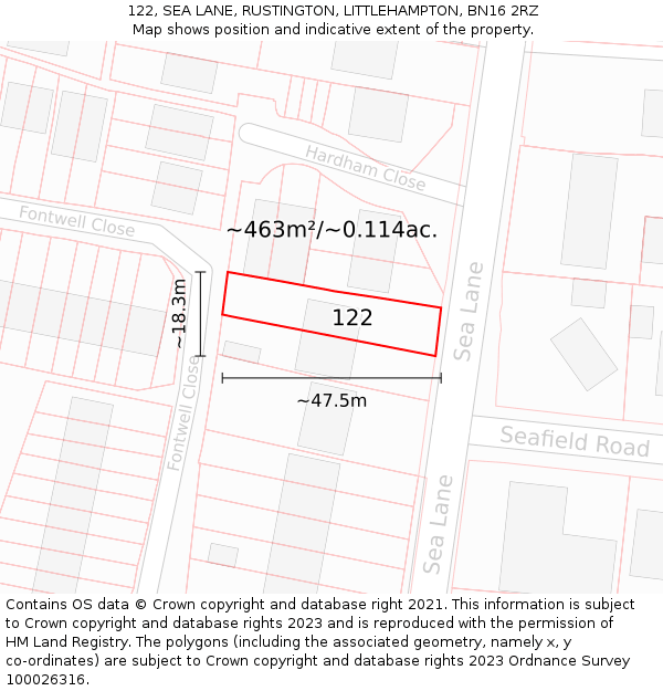 122, SEA LANE, RUSTINGTON, LITTLEHAMPTON, BN16 2RZ: Plot and title map