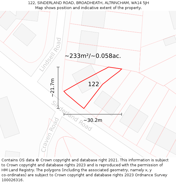 122, SINDERLAND ROAD, BROADHEATH, ALTRINCHAM, WA14 5JH: Plot and title map