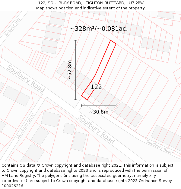 122, SOULBURY ROAD, LEIGHTON BUZZARD, LU7 2RW: Plot and title map