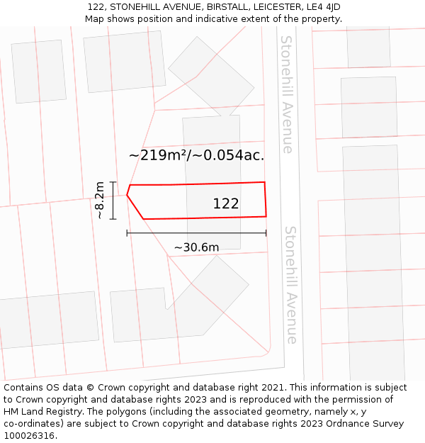 122, STONEHILL AVENUE, BIRSTALL, LEICESTER, LE4 4JD: Plot and title map