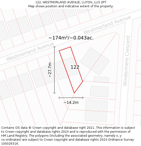 122, WESTMORLAND AVENUE, LUTON, LU3 2PT: Plot and title map