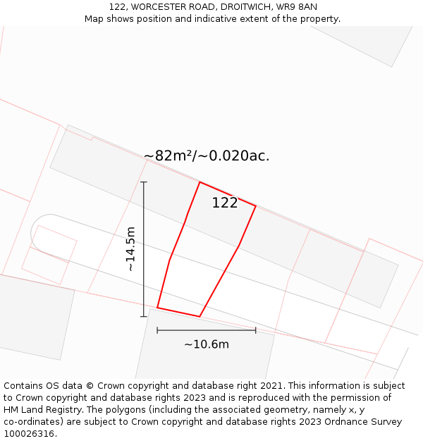 122, WORCESTER ROAD, DROITWICH, WR9 8AN: Plot and title map