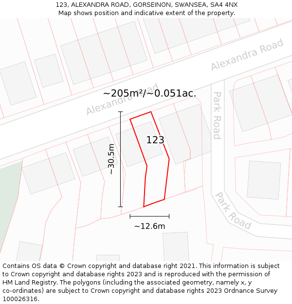 123, ALEXANDRA ROAD, GORSEINON, SWANSEA, SA4 4NX: Plot and title map