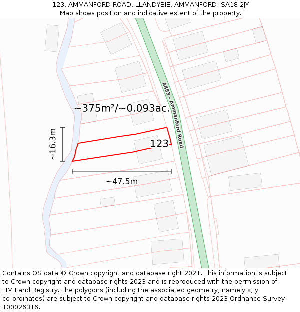 123, AMMANFORD ROAD, LLANDYBIE, AMMANFORD, SA18 2JY: Plot and title map